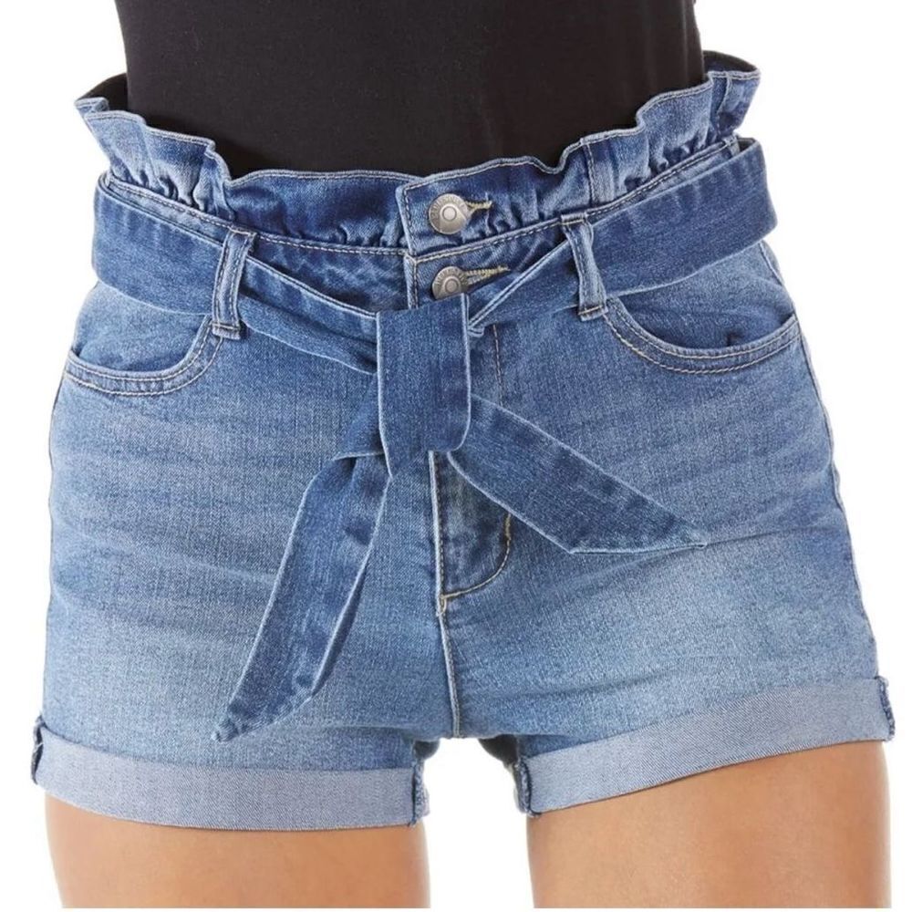 Juniors Womens Blue Spice High Waist Medium Wash Paperbag Shorts - Sz 9